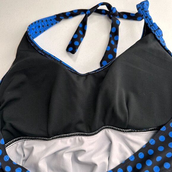 Blue & Black Halter Neck Polka Dot Swim Dress Cover-Up 2XL Beachwear Slimming - Picture 8 of 9